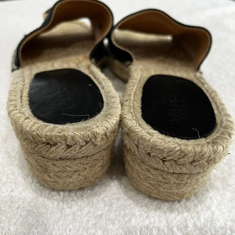 Valentino Garavani Black Leather Gold V Logo Espadrille Slide Sandals‎ Womens 38